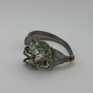 Handmade Fork‎ Cuff Bracelet w/ Green Glass Wire Wrap Accent